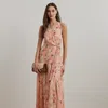 Lauren Petite Floral Ruffle-trim Georgette Gown In Pink Multi