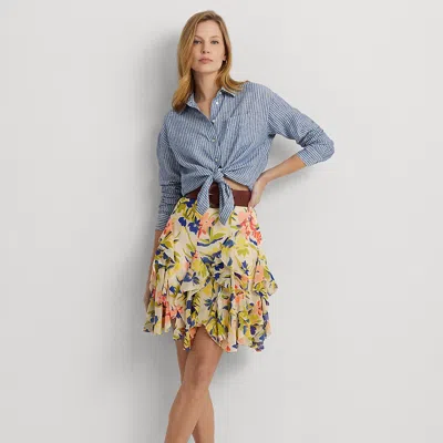 Lauren Petite Floral Ruffle-trim Georgette Skirt In Cream/blue Multi