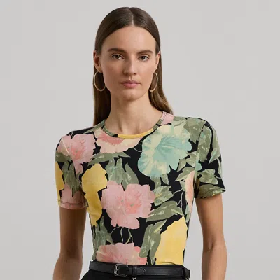Lauren Petite Floral Stretch Cotton Crewneck Tee In Black/pink/green