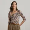 Lauren Petite Floral Stretch Jersey Asymmetrical Top In Brown Multi