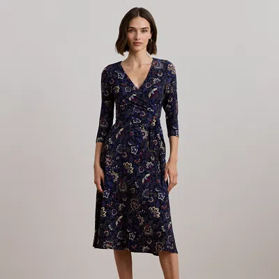 Lauren Petite Floral Surplice Stretch Jersey Dress In Navy Multi