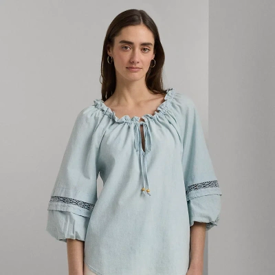 Lauren Petite Lace-trim Chambray Tie-neck Blouse In Medium Chambray Wash