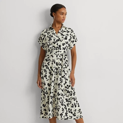 Lauren Petite Leaf-print Belted Crepe Dress In Cream/black