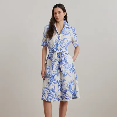 Lauren Petite Paisley Tie-front Linen Shirtdress In White/blue