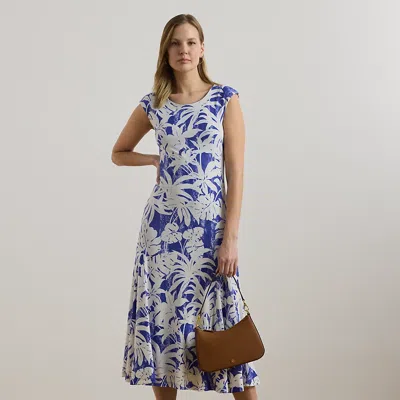 Lauren Petite Palm-frond-print Stretch Jersey Dress In Blue White