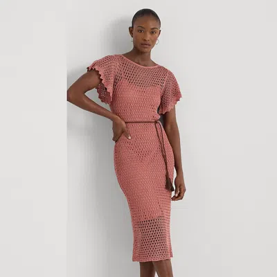 Lauren Petite Petite - Belted Linen-blend Pointelle-knit Dress In Pink