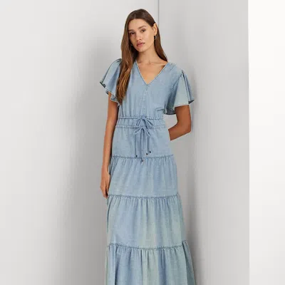 Lauren Petite Petite - Chambray Tiered Maxidress In Blue