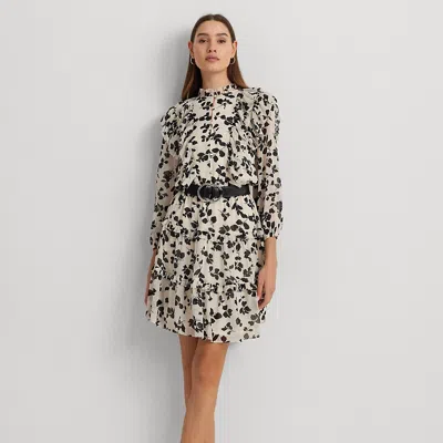 Lauren Petite Petite - Leaf-print Ruffle-trim Georgette Dress In Neutral