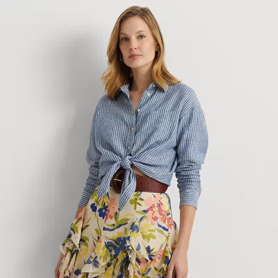 Lauren Petite Petite - Relaxed Fit Pinstripe Linen Shirt In Blue