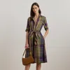 Lauren Petite Plaid Tie-front Linen Shirtdress In Purple/green Multi