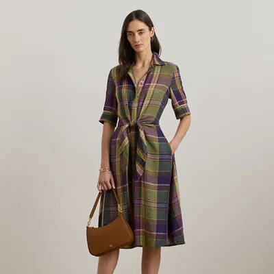 Lauren Petite Plaid Tie-front Linen Shirtdress In Purple/green Multi