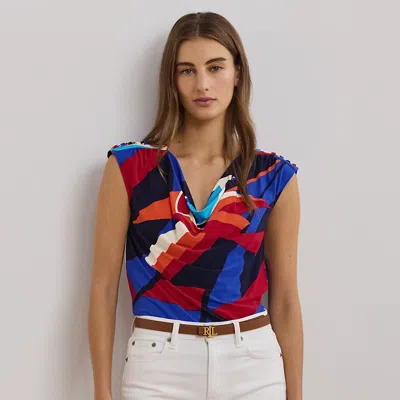 Lauren Petite Print Jersey Sleeveless Cowlneck Top In Blue Multi