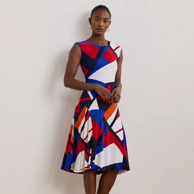 Lauren Petite Print Stretch Jersey Dress In Blue Multi