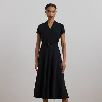 Lauren Petite Raffia-buckle Belted Georgette Dress In Black