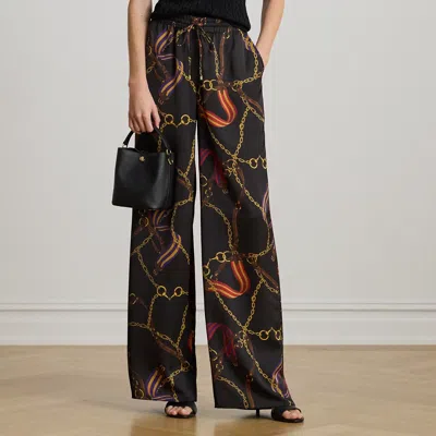Lauren Petite Ralph Lauren Belting-print Charmeuse Wide-leg Pant In Brown