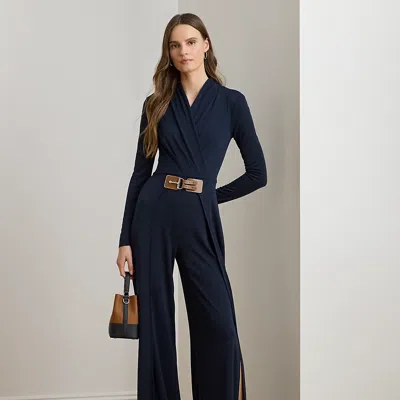 Lauren Petite Ralph Lauren Buckle-trim Jersey Surplice Jumpsuit In Blue