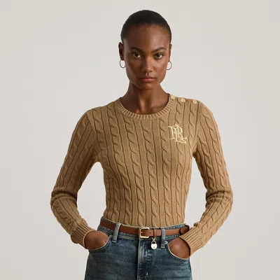 Lauren Petite Ralph Lauren Button-trim Cable-knit Cotton Sweater In Brown