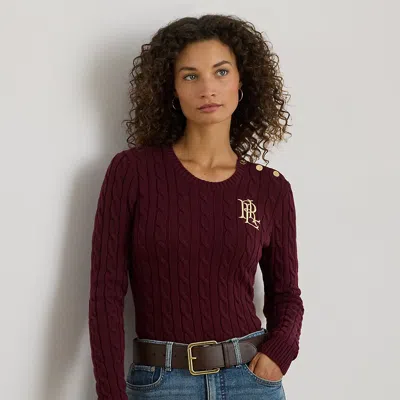 Lauren Petite Ralph Lauren Button-trim Cable-knit Cotton Sweater In Burgundy