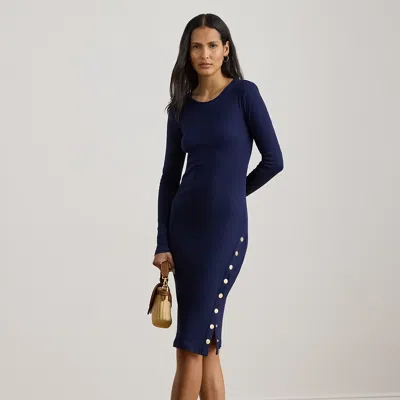 Lauren Petite Ralph Lauren Button-trim Ribbed Cotton-blend Dress In Blue