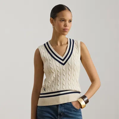 Lauren Petite Ralph Lauren Cable-knit Cotton Cricket Sweater Vest In Neutral