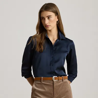 Lauren Petite Ralph Lauren Classic Fit Satin Charmeuse Shirt In Blue