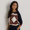 Lauren Petite Ralph Lauren Equestrian-print Cotton-blend Sweater In Black