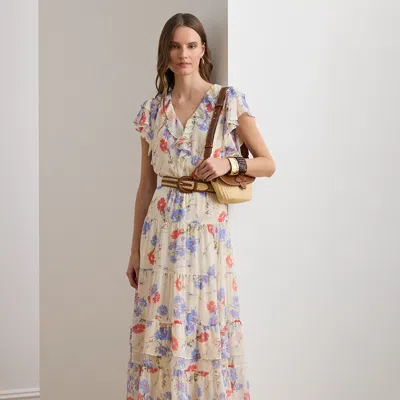 Lauren Petite Ralph Lauren Floral Belted Georgette Tiered Dress In Multi
