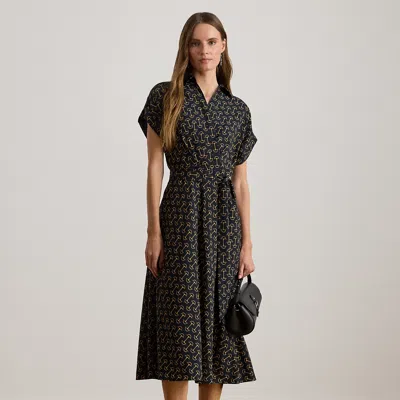 Lauren Petite Ralph Lauren Geo-print Belted Crepe Dress In Black