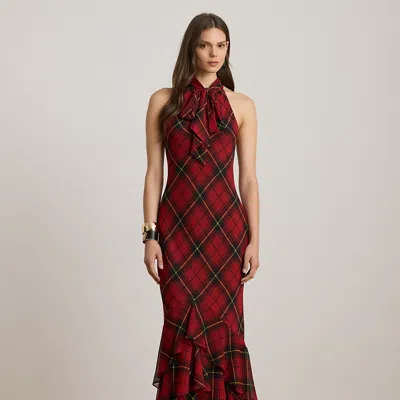 Lauren Petite Ralph Lauren Plaid Georgette Tiered Tie-neck Gown In Multi