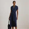 Lauren Petite Ralph Lauren Polka-dot Belted Crepe Dress In Blue