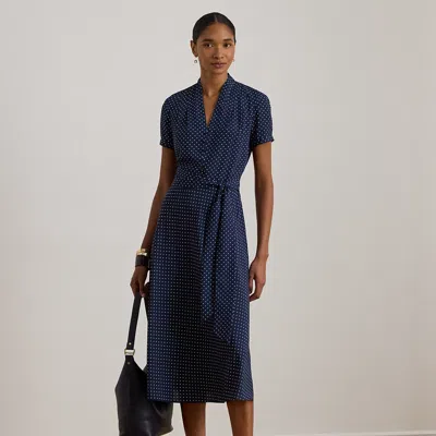 Lauren Petite Ralph Lauren Polka-dot Belted Crepe Dress In Blue