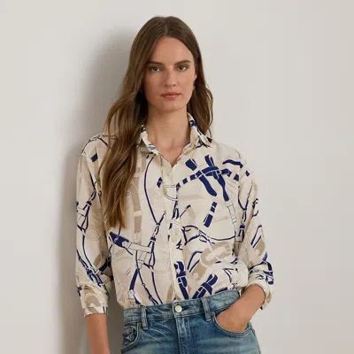 Lauren Petite Ralph Lauren Relaxed Fit Belting-print Crepe Shirt In White