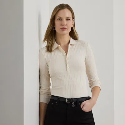Lauren Petite Ralph Lauren Rib-knit Three-quarter-sleeve Polo Shirt