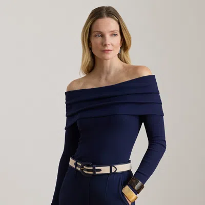 Lauren Petite Ralph Lauren Ribbed Cotton-blend Off-the-shoulder Top In Blue