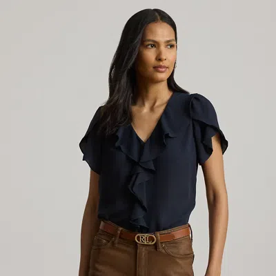 Lauren Petite Ralph Lauren Ruffle-trim Georgette Blouse In Blue
