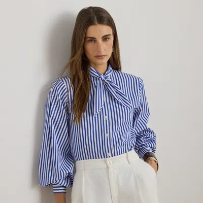 Lauren Petite Ralph Lauren Striped Cotton Broadcloth Tie-neck Shirt In Multi