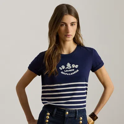 Lauren Petite Ralph Lauren Striped Embroidered-logo Jersey Tee