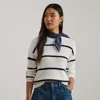 Lauren Petite Ralph Lauren Striped Rib-knit Cotton Crewneck Sweater In White