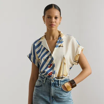 Lauren Petite Ralph Lauren Striped Sailboat-print Crepe Camp Shirt In Multi