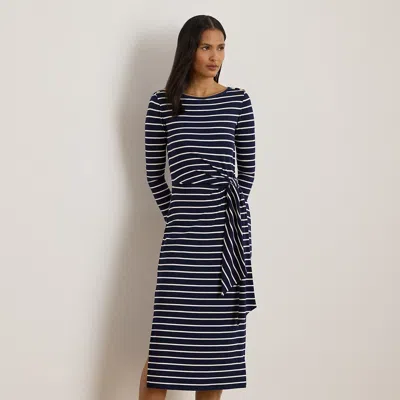 Lauren Petite Ralph Lauren Striped Tie-front Cotton-blend Dress In Blue