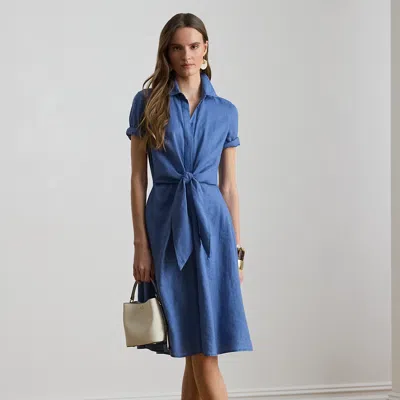 Lauren Petite Ralph Lauren Tie-front Linen Shirtdress In Blue
