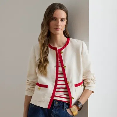 Lauren Petite Ralph Lauren Two-tone Linen-blend Twill Blazer In Neutral