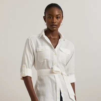 Lauren Petite Belted Linen Shirt In White