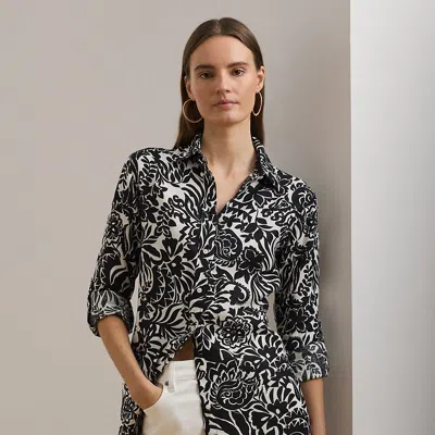 Lauren Petite Relaxed Fit Floral Linen Shirt In Cream/black