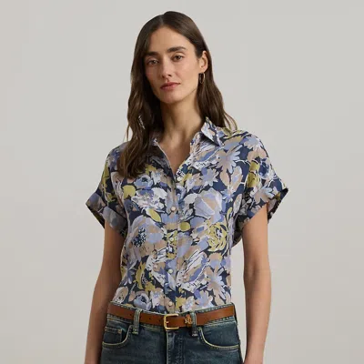 Lauren Petite Relaxed Fit Floral Short-sleeve Shirt In Blue Multi