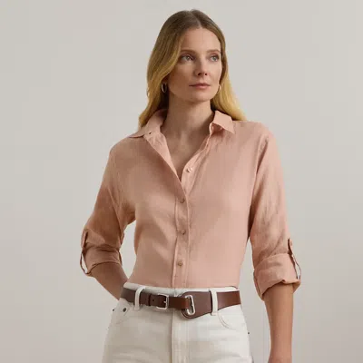 Lauren Petite Relaxed Fit Linen Roll Tab-sleeve Shirt In Sunrise Blush