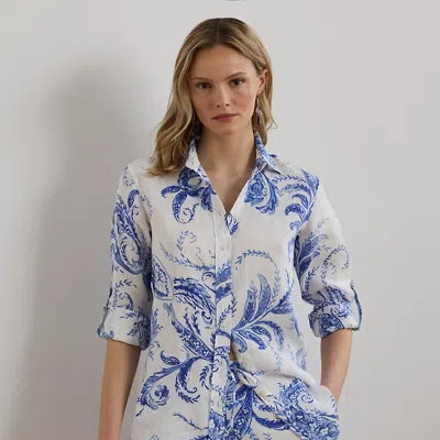 Lauren Petite Relaxed Fit Paisley Linen Shirt In White/blue