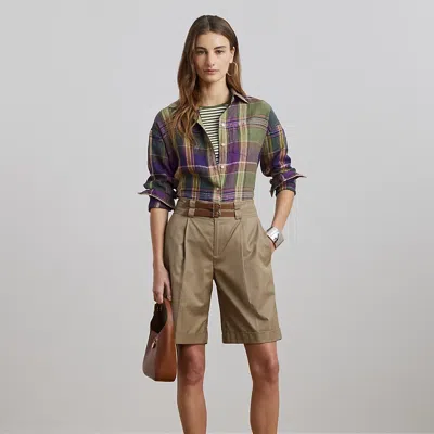 Lauren Petite Relaxed Fit Plaid Linen Shirt In Purple/green Multi