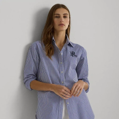 Lauren Petite Relaxed Fit Striped Stretch Cotton Shirt In Blue/white