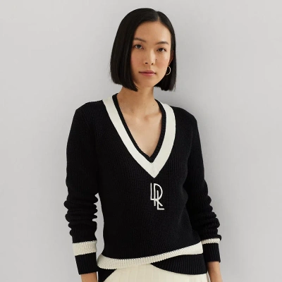 Lauren Petite Rib-knit Cotton Cricket Sweater In Black/mascarpone Cream